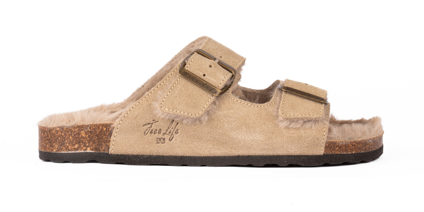 Sandali doppia fibbia imbottiti in pelle scamosciata donna