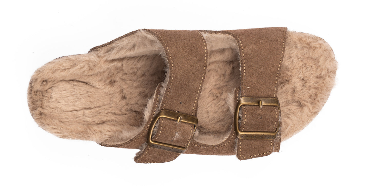 Sandali doppia fibbia imbottiti in pelle scamosciata donna