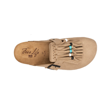 Sabot Clog in Pelle Scamosciata con Frangia e Perline