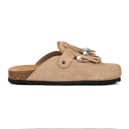 Sabot Clog in Pelle Scamosciata con Frangia e Perline