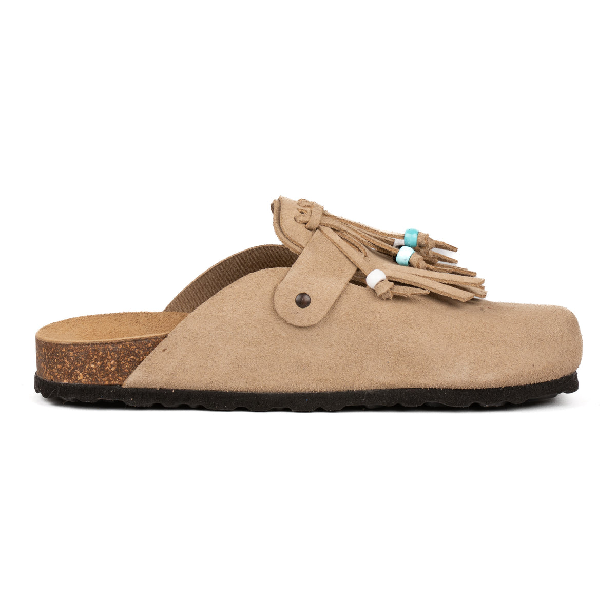 Sabot Clog in Pelle Scamosciata con Frangia e Perline