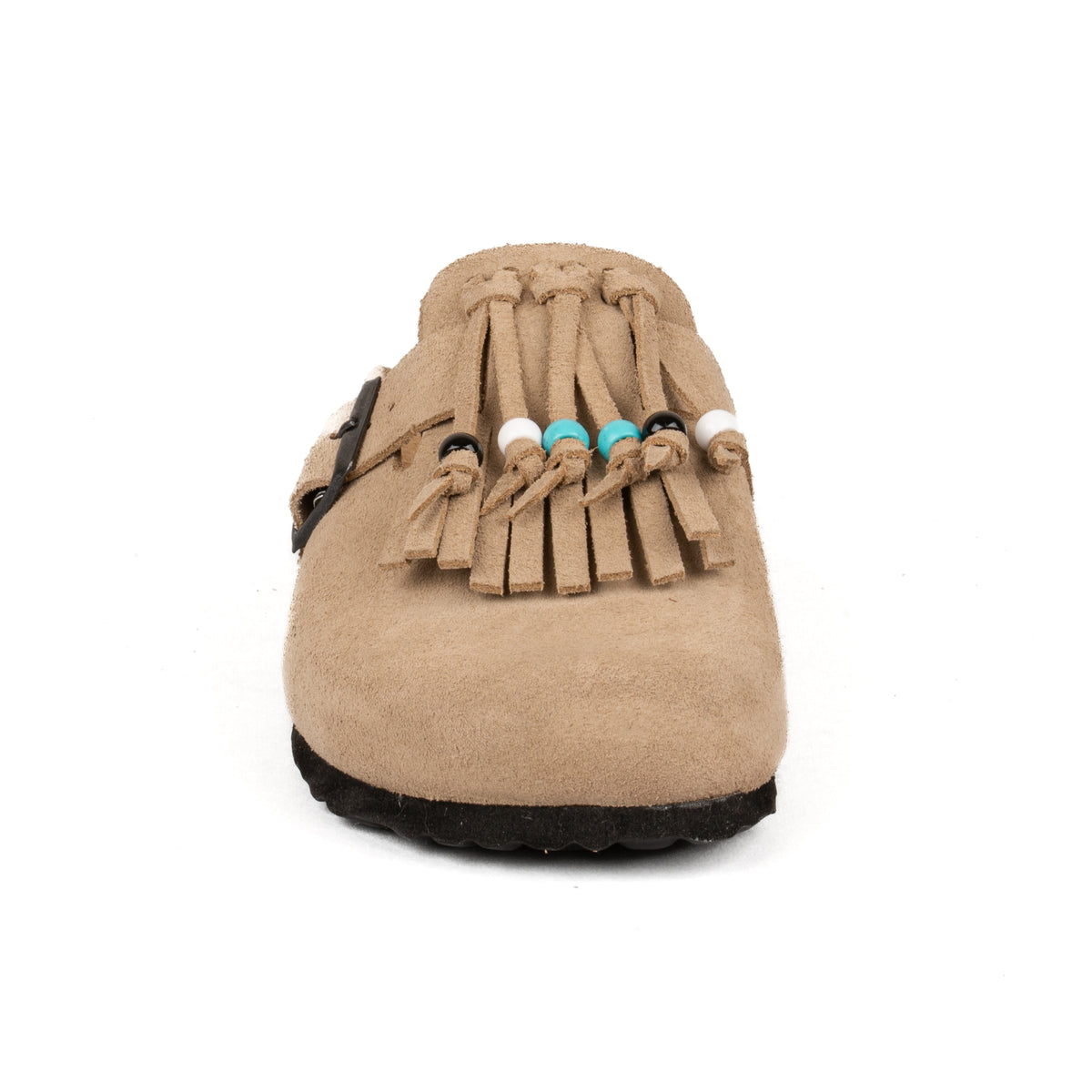 Sabot Clog in Pelle Scamosciata con Frangia e Perline