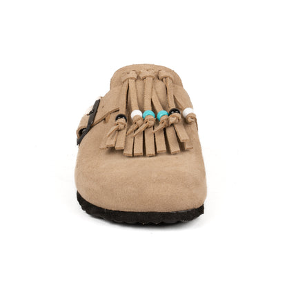 Sabot Clog in Pelle Scamosciata con Frangia e Perline