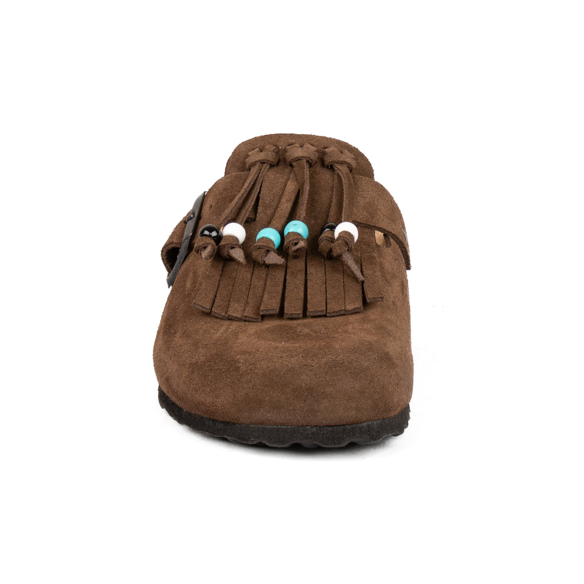 Sabot Clog in Pelle Scamosciata con Frangia e Perline