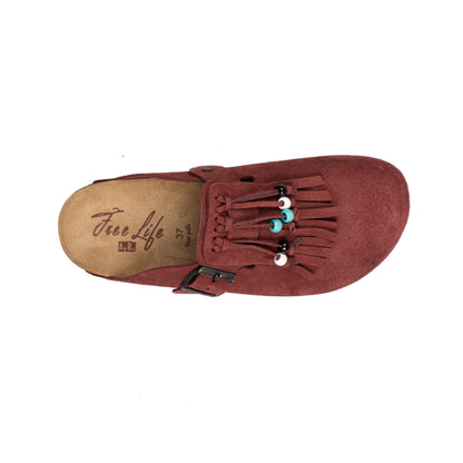 Sabot Clog in Pelle Scamosciata con Frangia e Perline