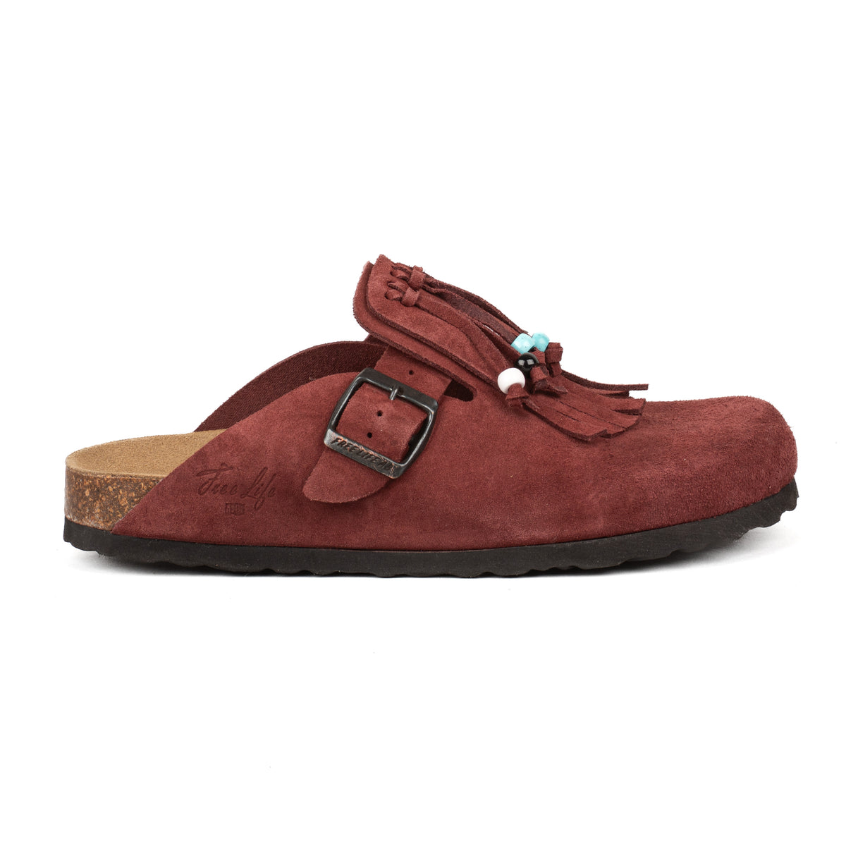 Sabot Clog in Pelle Scamosciata con Frangia e Perline