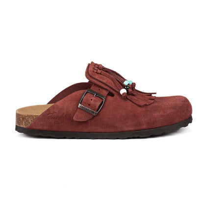 Sabot Clog in Pelle Scamosciata con Frangia e Perline
