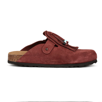 Sabot Clog in Pelle Scamosciata con Frangia e Perline
