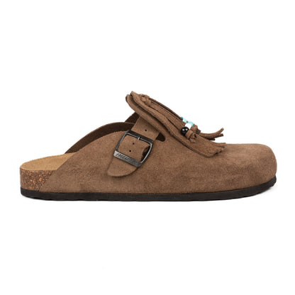 Sabot Clog in Pelle Scamosciata con Frangia e Perline