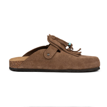 Sabot Clog in Pelle Scamosciata con Frangia e Perline