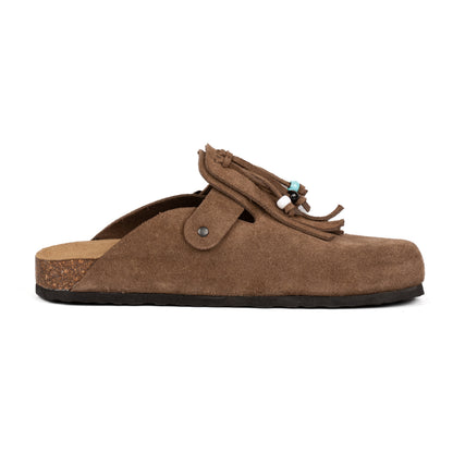 Sabot Clog in Pelle Scamosciata con Frangia e Perline