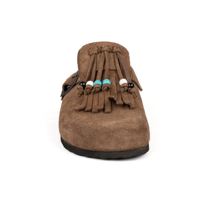 Sabot Clog in Pelle Scamosciata con Frangia e Perline