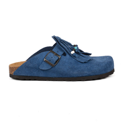 Sabot Clog in Pelle Scamosciata con Frangia e Perline