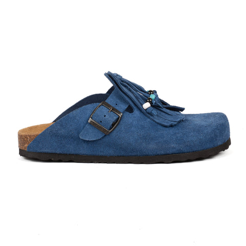 Sabot Clog in Pelle Scamosciata con Frangia e Perline