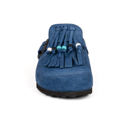 Sabot Clog in Pelle Scamosciata con Frangia e Perline